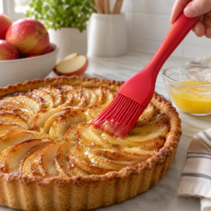 Pennello in silicone che spennella burro su una crostata di mele.