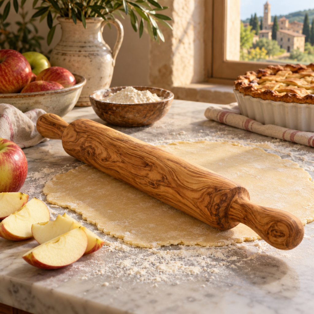Mattarello in legno d’ulivo stende la pasta per una crostata.