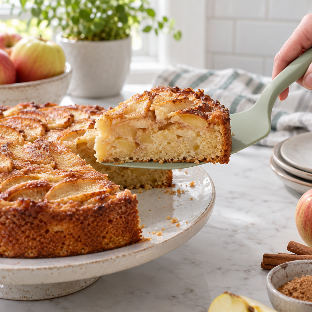 Spatola flessibile che serve una fetta di torta di mele.