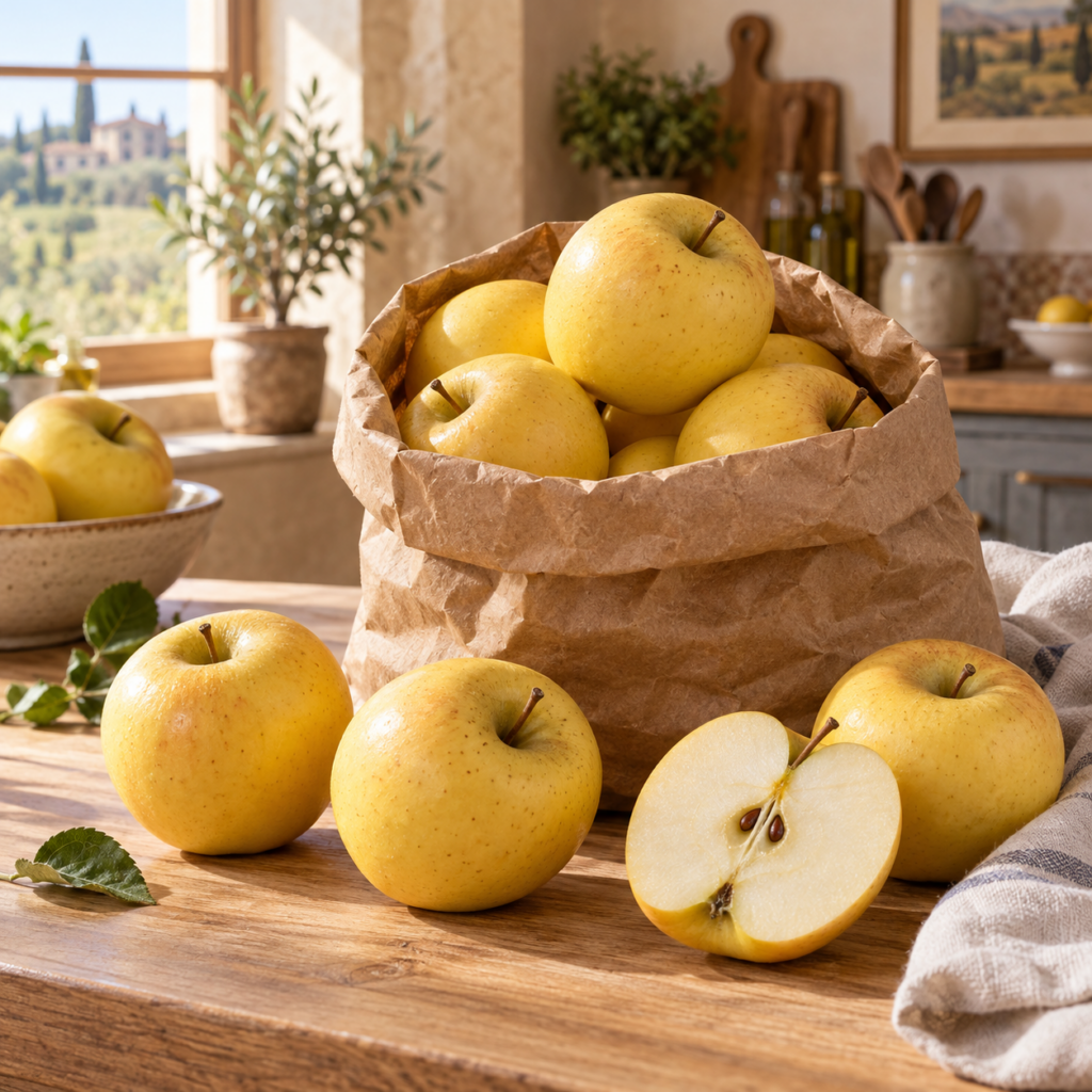 Sacco di mele Golden fresche, perfette per torte e dolci.
