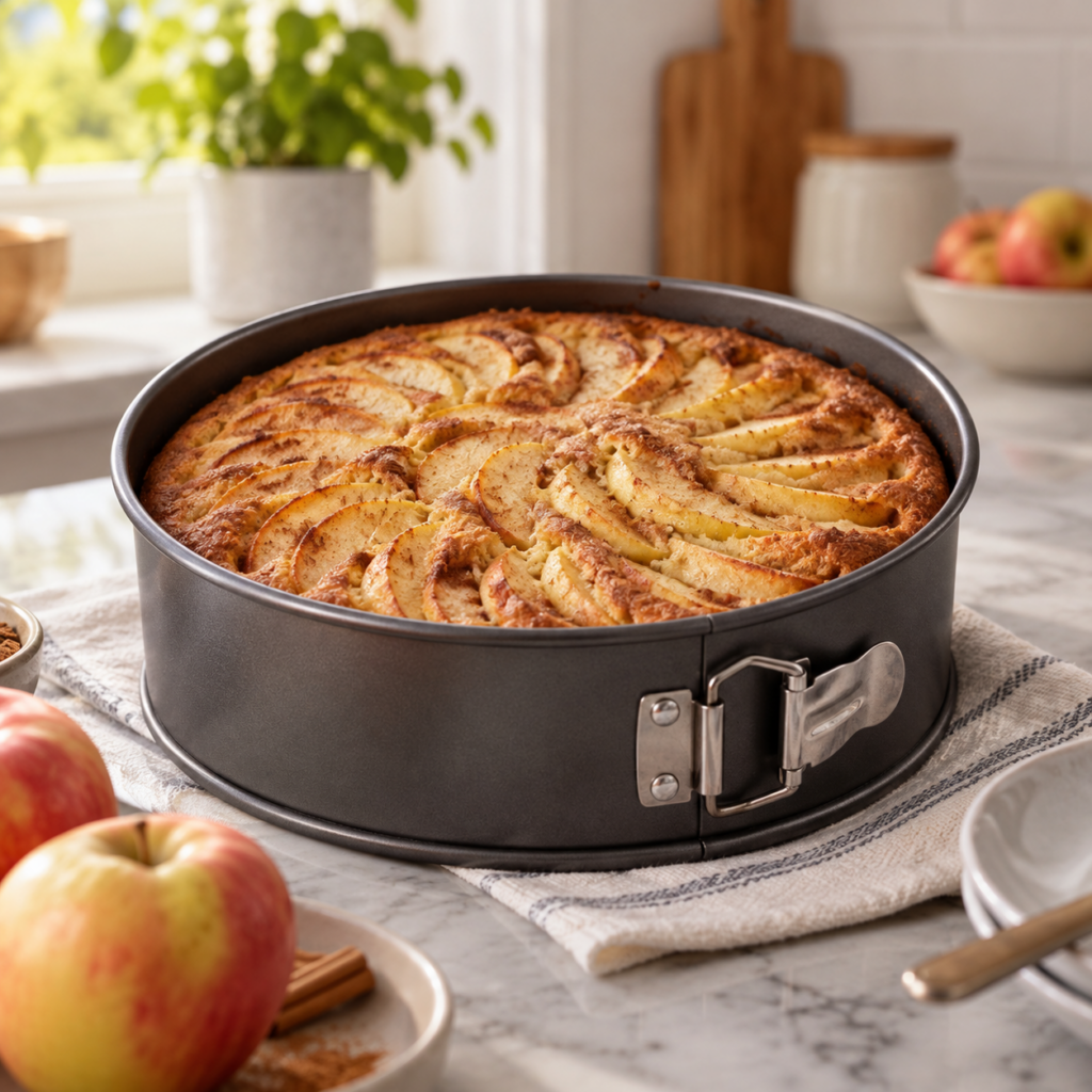 Tortiera apribile con torta di mele appena sfornata.