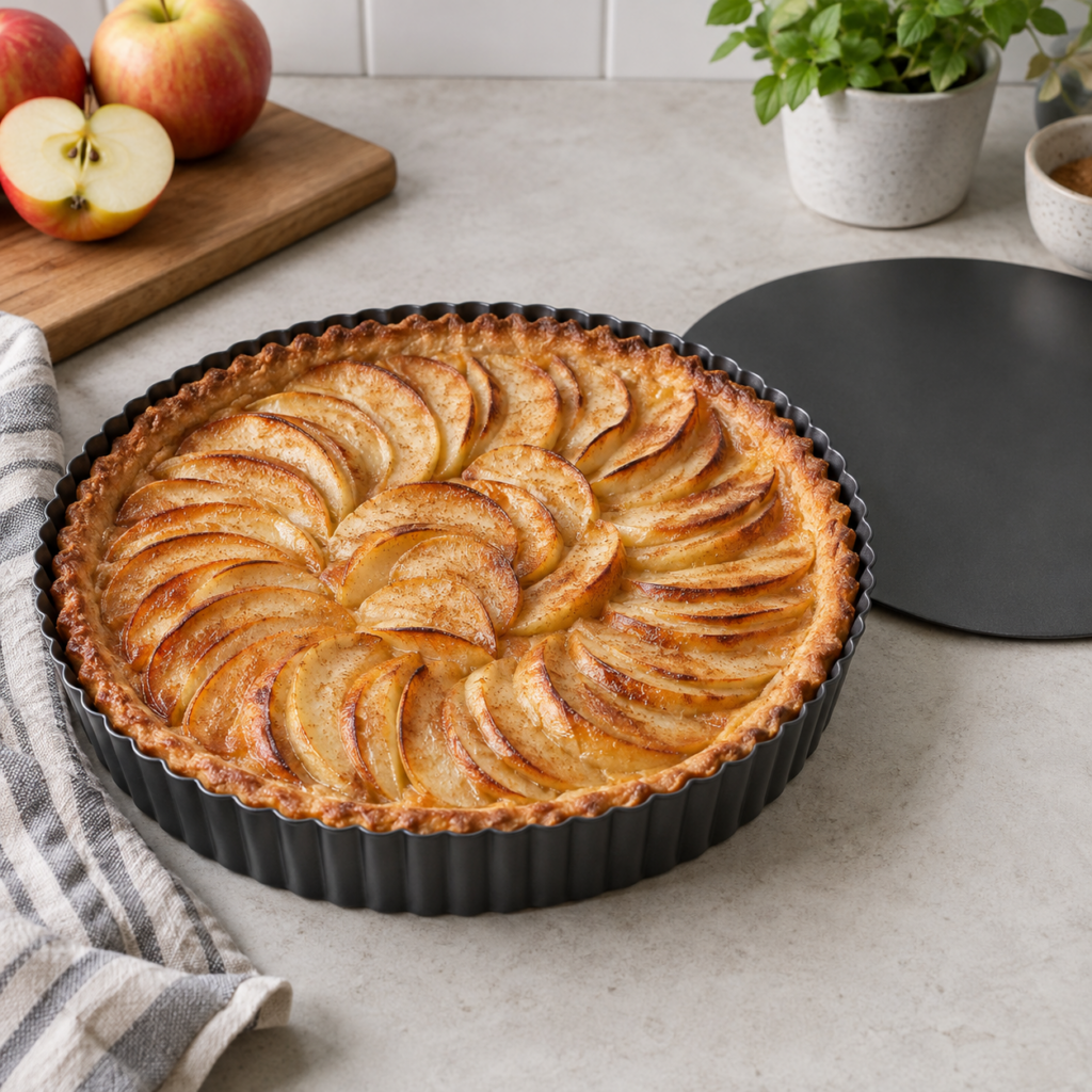 Stampo da crostata con fondo removibile e torta di mele appena sfornata.